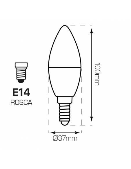 Bombilla dimmable (regulable) tipo vela de 6w y rosca tornillo E14. Dibujo técnico, dimensiones y medidas.