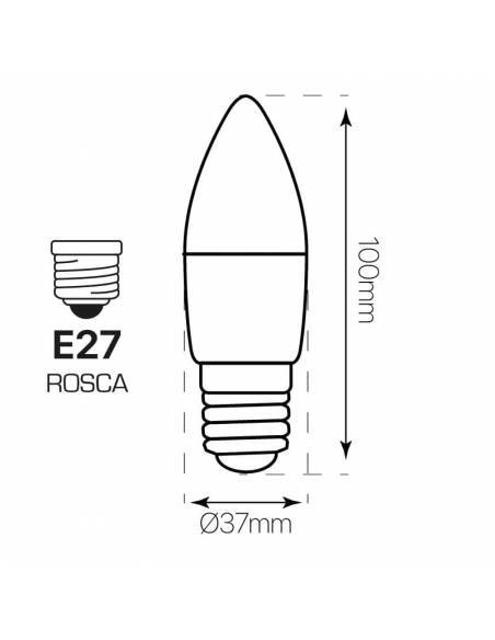Bombilla vela led E27 de 4W de potencia, fabricada en aluminio y pc. Dibujo técnico, dimensiones y medidas.