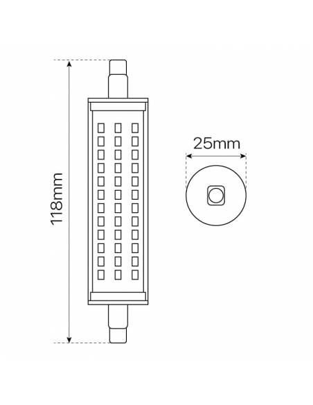 BOMBILLA LED R7S 118mm de 10W, lámpara lineal de led con bornes de conexión. Dibujo técnico, dimensiones y medidas.