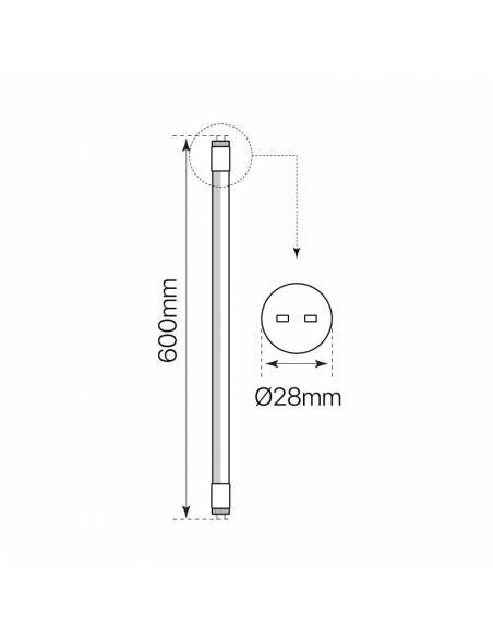 TUBO DE LED 60CM DE ALUMINIO CÁRNICO DE 10W TIPO T8. Dibujo técnico, medidas.