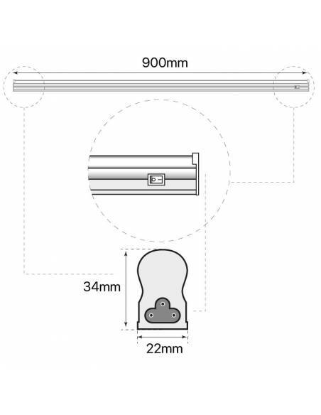 REGLETA LED T5, de 90cm y 15W. Dibujo técnico medidas.