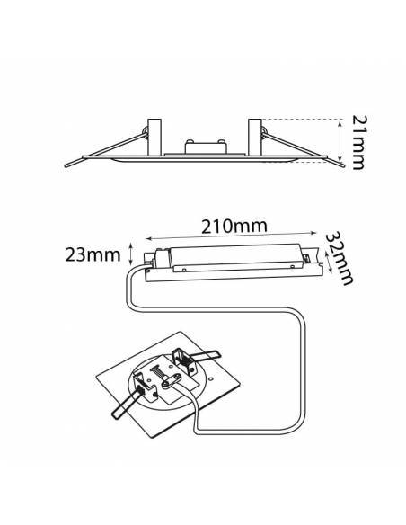 Luz de emergencia modelo INTEGRA empotrable en techo y pared. Medidas y dimensiones.