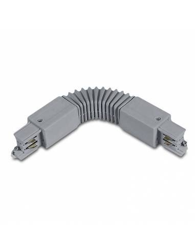 Carril trifásico conector intermedio flexible ajustable, de color gris.