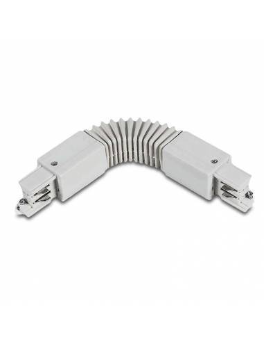 Carril trifásico conector intermedio flexible ajustable, de color blanco.
