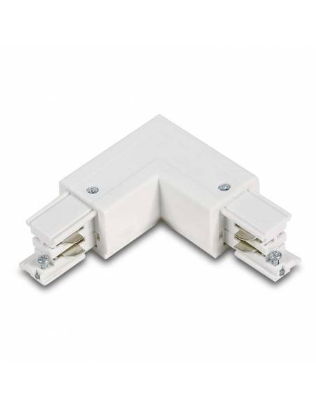 Conector L derecho para carril trifásico de focos de carril led. Color blanco.
