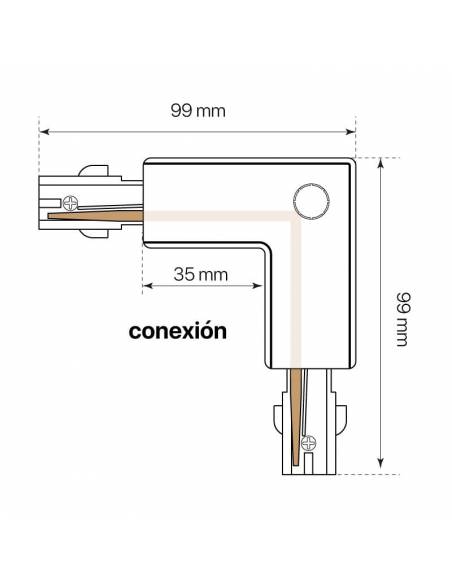 Conector L derecho para carril trifásico de focos de carril led. Dibujo de conexión derecha
