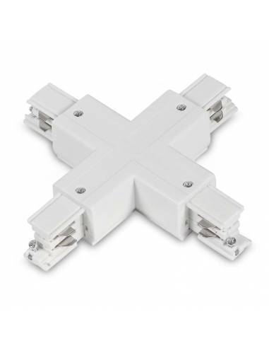 Conector x en cruz para carril trifásico universal de superficie de focos de carril. Color blanco.