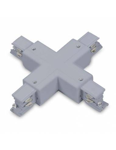 Conector x en cruz para carril trifásico universal de superficie de focos de carril. Color gris.