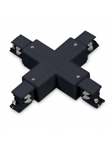 Conector x en cruz para carril trifásico universal de superficie de focos de carril. Color negro.