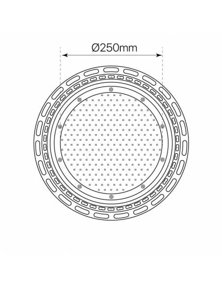 Campana industrial led modelo ONO de 100W, dibujo dimensiones de superficie luminosa.