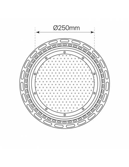 Campana industrial led modelo ONO de 100W, dibujo dimensiones de superficie luminosa.