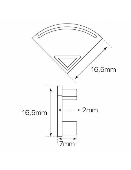 Tapa final para perfil aluminio E-163 de esquina, para tiras de led. Dibujo de medidas y dimensiones.