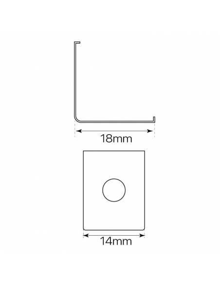 Clip metálico, grapa de sujeción del perfil E-163 de esquina, para tiras de led. Dibujo de dimensiones y medidas.