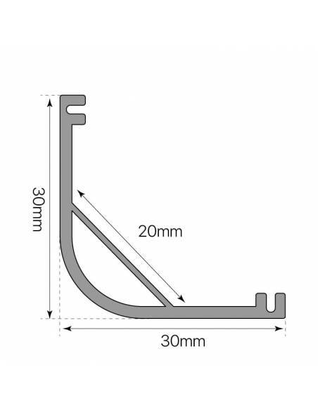 Perfil de aluminio E-297 de esquina, para tiras de led. Dibujo de medidas y dimensiones.