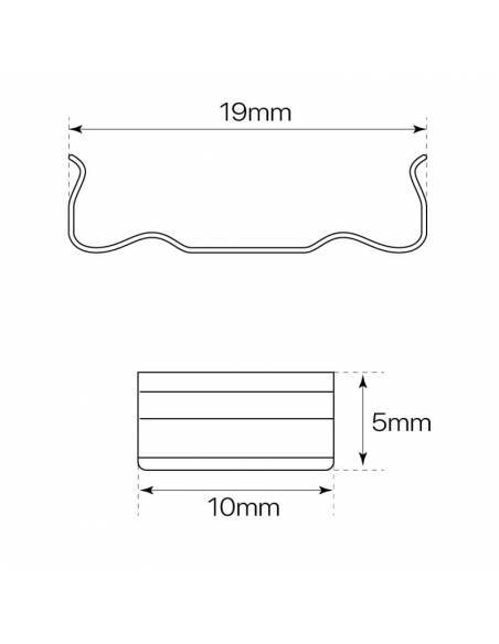 Clip metálico de sujeción para perfil aluminio S-179 flexible. Dibujo de medidas y dimensiones.