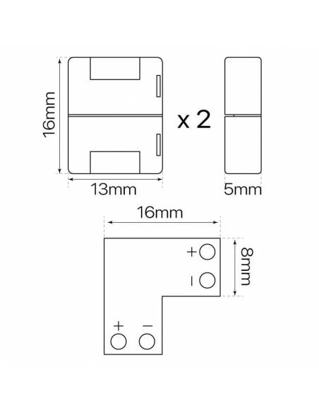 Conector tipo L con 2PIN para tira de led de 12V y 24V monocolor. Dibujo para tiras de 8mm ancho.