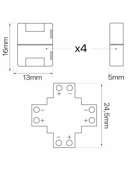 Conector en forma de cruz para tiras de led 12V y 24V en monocolor. Dibujo para tiras de led de 8mm de ancho.