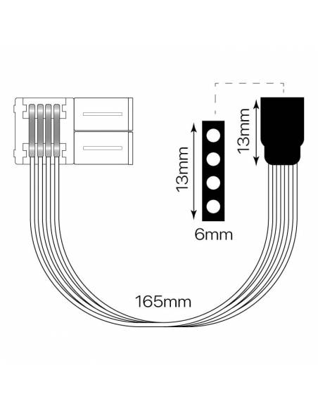 Conector doble peine de 4PIN con cable para tiras de led de 12V y 24V en RGB. Muestra con cable.