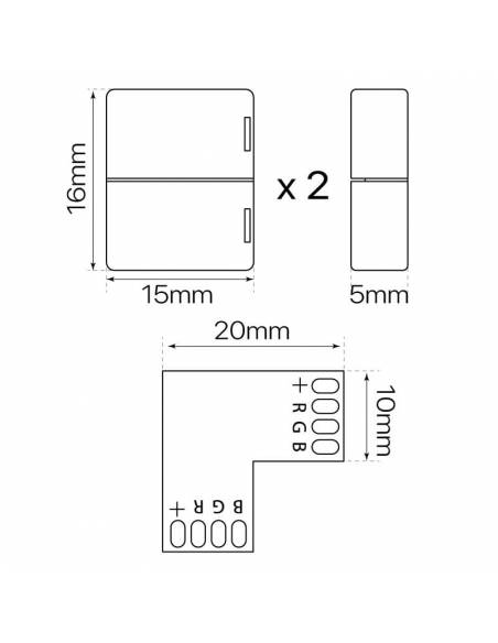Conector L de 4 PIN para conectar en ángulo recto 2 tiras de led de 12V o 24V de RGB. Tapas abiertas. Medidas y dimensiones.