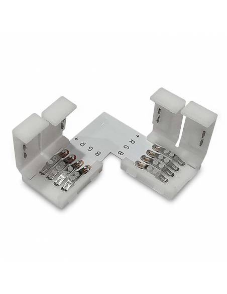 Conector L de 4 PIN para conectar en ángulo recto 2 tiras de led de 12V o 24V de RGB. Tapas abiertas.