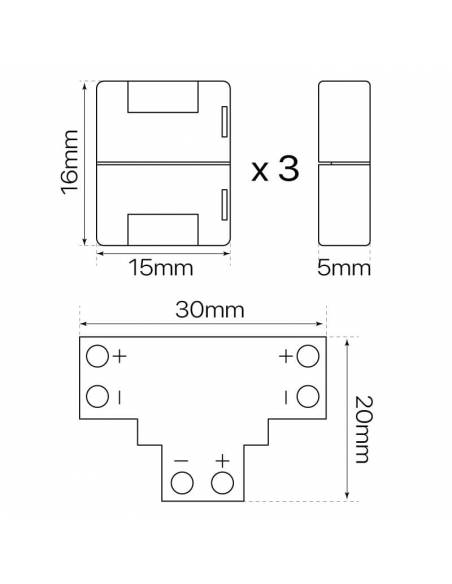 Conector T de 2 PIN para conectar tres TIRAS DE LED monocolor de 12V o 24V. Dibujo técnico para tiras led de 10mm de ancho.