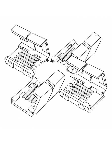 Conector en forma de cruz con cuatro conectores de 4PIN para tiras de led de 12V y 24V RGB. Dibujo técnico.