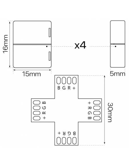 Conector en forma de cruz con cuatro conectores de 4PIN para tiras de led de 12V y 24V RGB. Medidas y dimensiones.