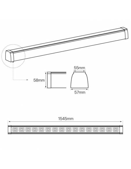 Luminaria LED lineal MARKET de 50W y 150cm de longitud. Dibujo técnico.