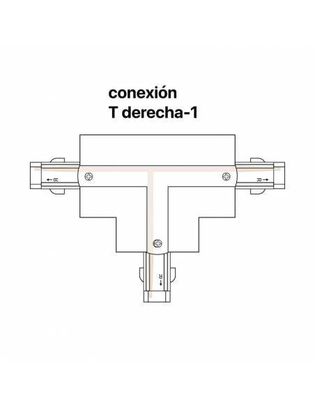CONECTOR T DERECHA-1 para CARRILES TRIFÁSICOS UNIVERSALES EMPOTRABLES. Para carril modelo KODIAK. Dibujo técnico de conexión.