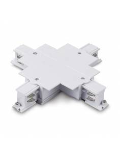 Conector x en cruz para carril trifásico universal empotrable para focos de carril, proyectores track. Color blanco.