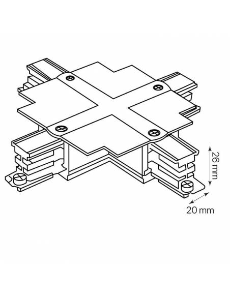 Conector x en cruz para carril trifásico universal empotrable para focos de carril, proyectores track. Dibujo técnico.