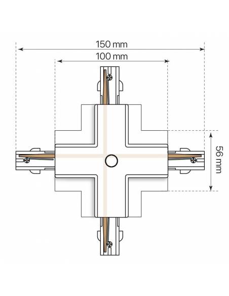 Conector x en cruz para carril trifásico universal empotrable para focos de carril, proyectores track. Medidas y dimensiones.
