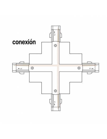 Conector x en cruz para carril trifásico universal empotrable para focos de carril, proyectores track. Esquema de conexión.