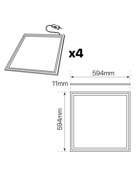 Set de 4 Paneles LED modelo SKY 60x60 de 48W, colocación en techos de pladur y escayola. Medidas y cantidades.