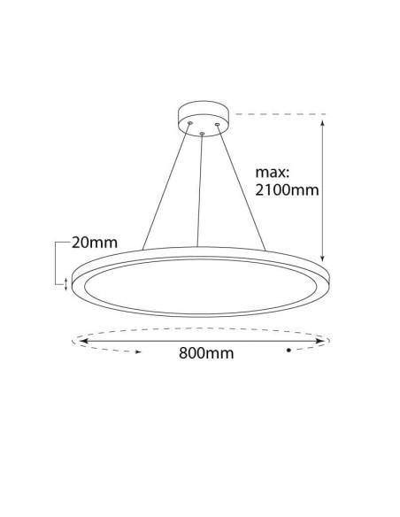 Lámpara circular LED, modelo PLANET, luminaria de 60W, colgante. Dibujo técnico y medidas.