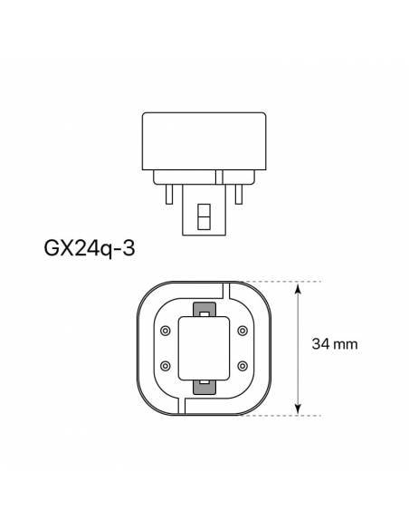 Bombilla de bajo consumo OSRAM DULUX D/E de 26W de 4 PINES. Dibujo técnico casquillo de conexión.