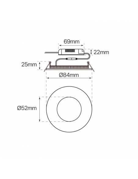 Downlight LED 3W, Slim redondo color blanco. Dibujo medidas.
