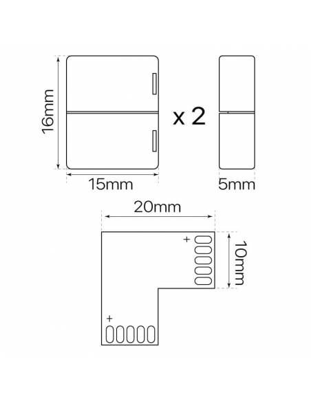 Conector L de 4 PIN para conectar en ángulo recto 2 tiras de led de 12V o 24V de RGB. Dibujo tecnico con medidas.