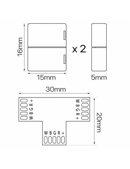 Conector en forma de T con 5 PIN, para la conexión de 3 TIRAS LED RGBW de 12V o 24V. Dibujo técnico con medidas.