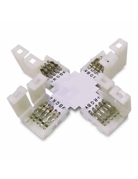 Conector en forma de cruz con cuatro conectores de 5PIN para tiras de led de 12V y 24V RGBW. Conectores abiertos.