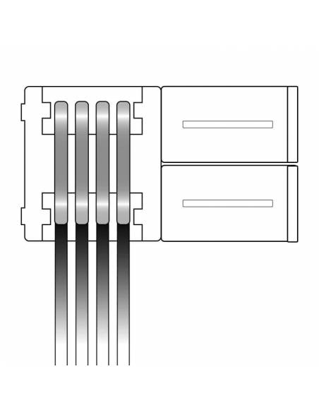 Conector simple con 4 pines y cable para conexión tiras de led 12V y 24V RGB. Dibujo técnico abierto.