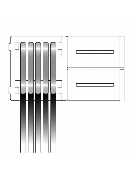 Conector simple con 5 pines y cable para conexión tiras de led 12V y 24V RGBW. Dibujo técnico conector abierto.