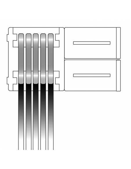 Conector doble con 5 pines de conexión, más un cable, para tiras de led de 12V y 24V RGBW. Dibujo técnico abierto.
