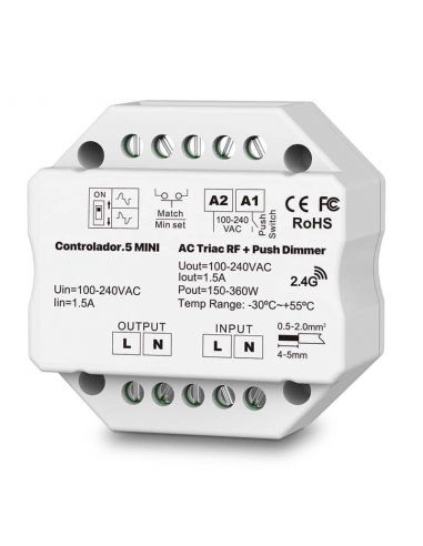 CONTROLADOR.5 mini, compatible para todos los productos LED regulables y sistema TRIAC. Hasta 200W.