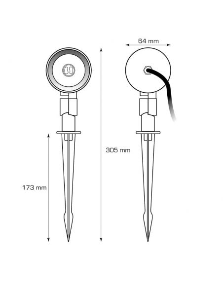Foco proyector COBRA GU10 con estaca puntiaguda pincho. Dimensiones frontales.