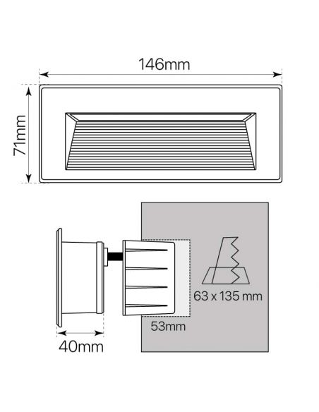 VULCAN-3, baliza LED RECTANGULAR empotrable para exterior o interior. Medidas de empotrar y dimensiones.