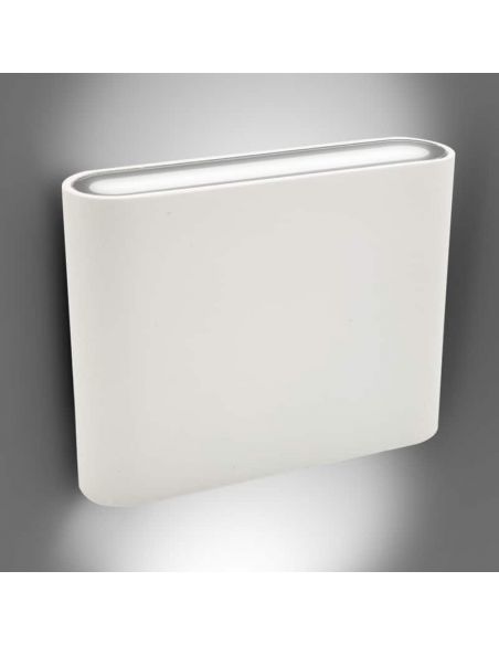 DEMON-1, aplique LED exterior para pared de dos luces. Carcasa en color blanca. Vista con luz blanca neutra.
