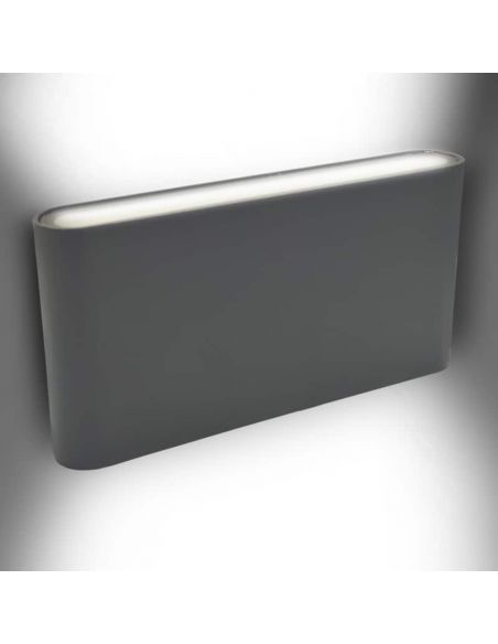 DEMON-2, aplique LED exterior para pared de dos luces. Carcasa en color antracita. Muestra con luz.