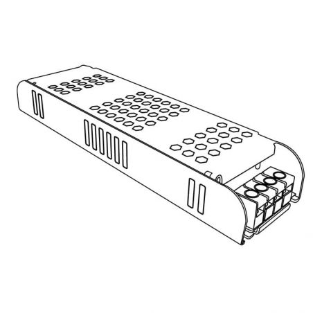 Transformador para tiras de led 24V. Driver con protección IP20 y potencia 200W. Dibujo técnico.