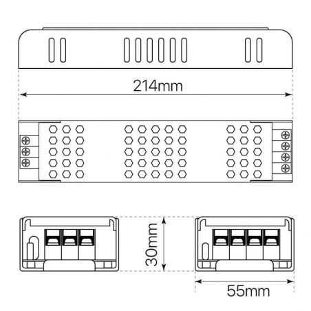 Transformador para tiras de led 24V. Driver con protección IP20 y potencia 200W. Esquema y medidas.